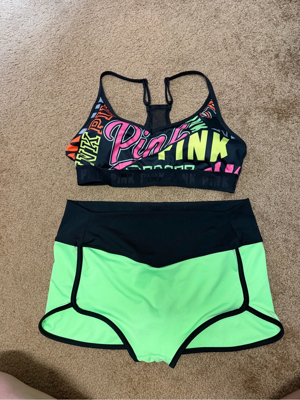 PINK Neon Logo Swim Top & Lime Green Swim Shorts Set
